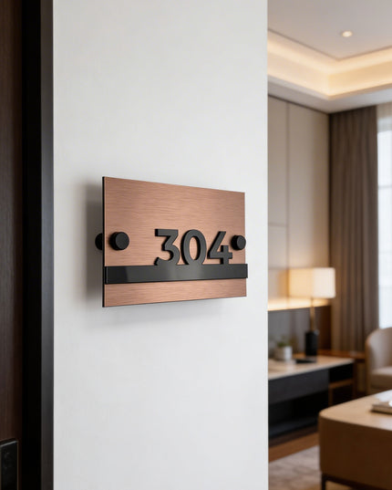 Modern Horizon Design apartment door number plaque by ALUMADESIGNCO featuring brushed bronze metal panel and raised acrylic numbers, elegant standoff wall signage