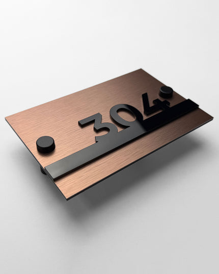 ALUMADESIGNCO brushed bronze and acrylic standoff apartment number sign Horizon Design with raised 3D numbers, stylish door plaque for residential and hotel interiors