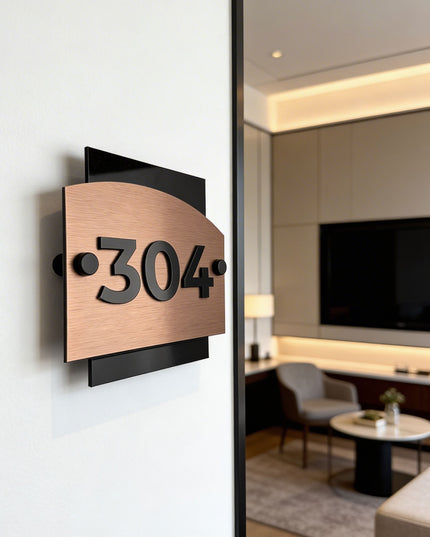 Brushed Bronze Standoff Number Signage with 3D Acrylic Numbers - "Flow" Design - ALUMADESIGNCO Door Signs - Custom Door Signs For Business & Office
