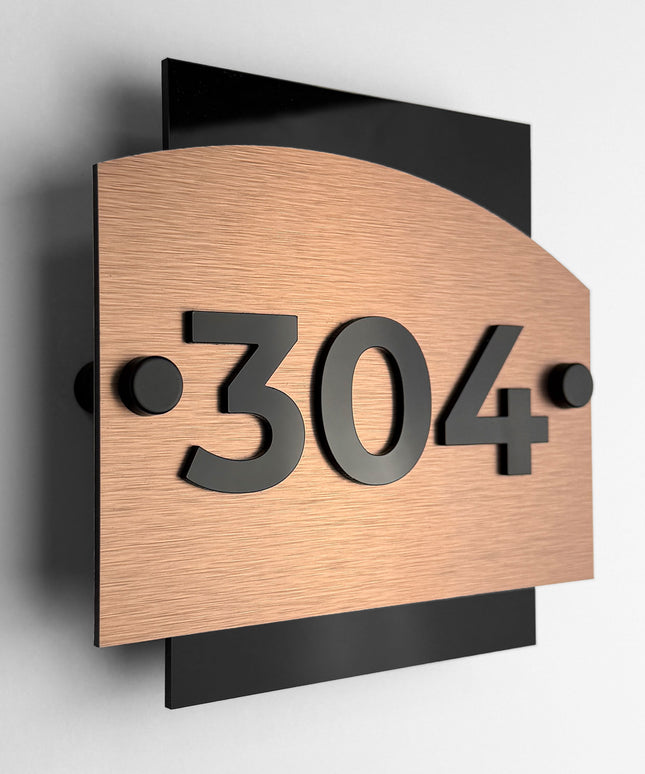 Brushed Bronze Standoff Number Signage with 3D Acrylic Numbers - "Flow" Design - ALUMADESIGNCO Door Signs - Custom Door Signs For Business & Office