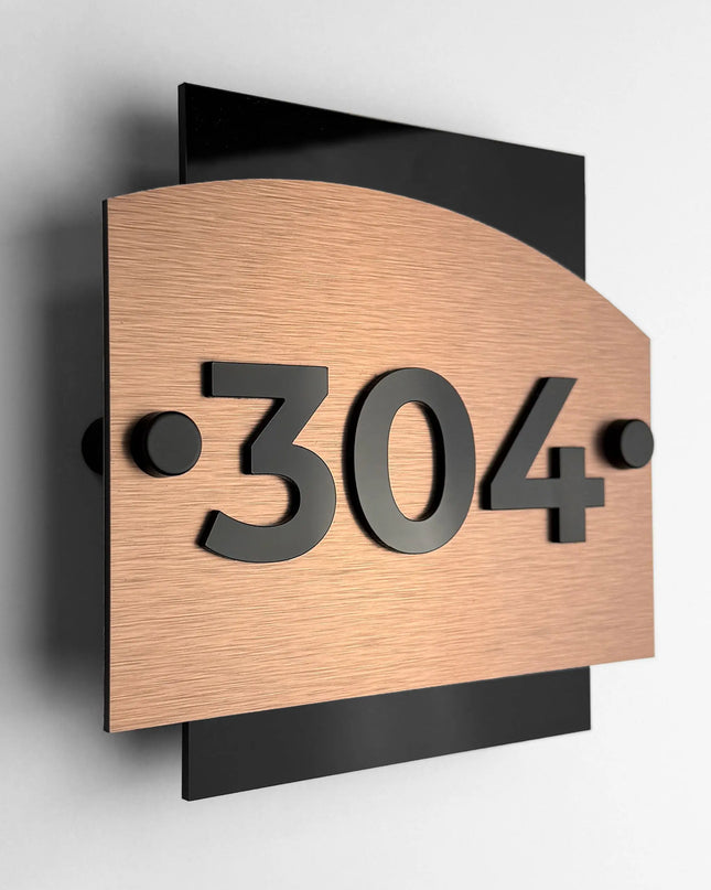 Brushed Bronze Standoff Number Signage with 3D Acrylic Numbers - "Flow" Design - ALUMADESIGNCO Door Signs - Custom Door Signs For Business & Office