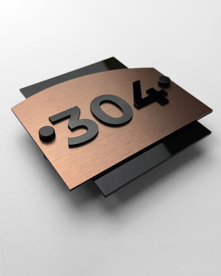 Brushed Bronze Standoff Number Signage with 3D Acrylic Numbers - "Flow" Design - ALUMADESIGNCO Door Signs - Custom Door Signs For Business & Office