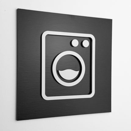 ALUMADESIGNCO laundry room sign with modern lettering, premium utility room signage for hotels, apartments, offices, and contemporary interiors