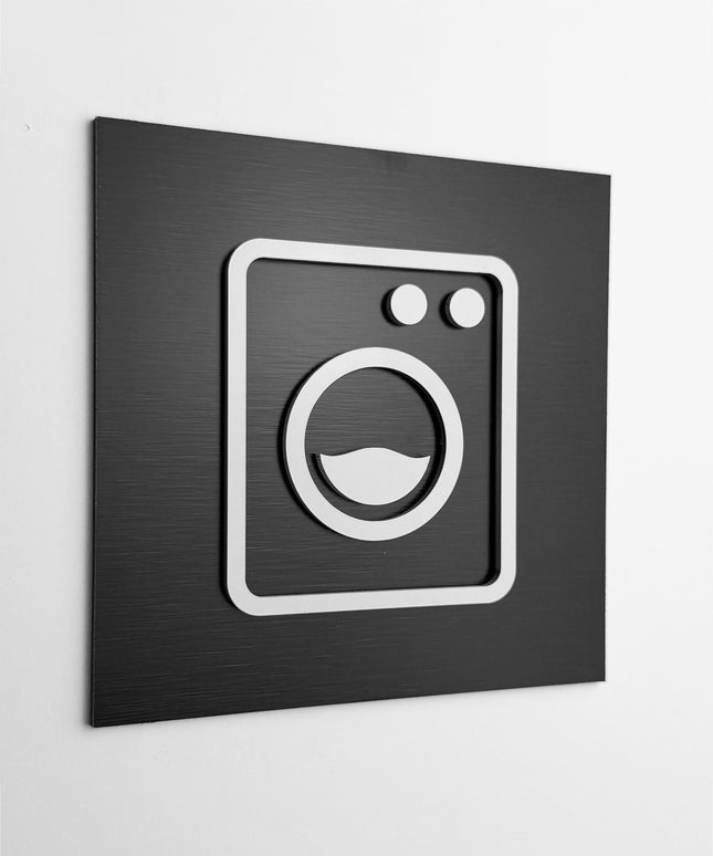 ALUMADESIGNCO laundry room sign with modern lettering, premium utility room signage for hotels, apartments, offices, and contemporary interiors