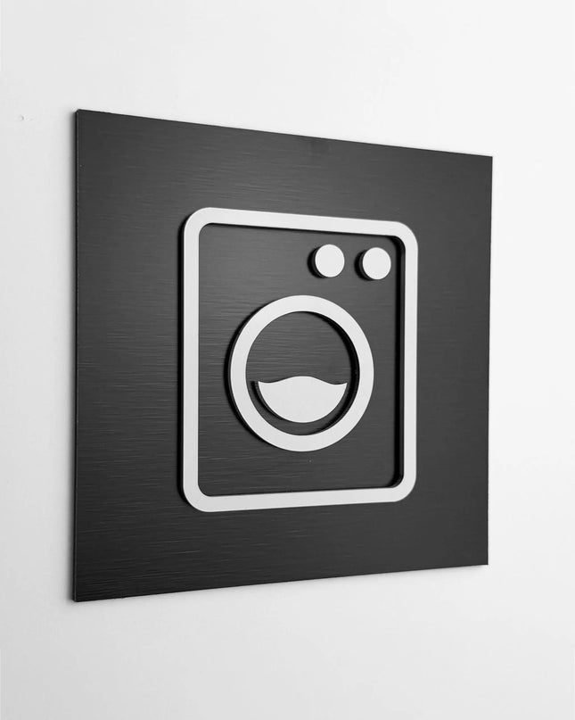 ALUMADESIGNCO laundry room sign with modern lettering, premium utility room signage for hotels, apartments, offices, and contemporary interiors