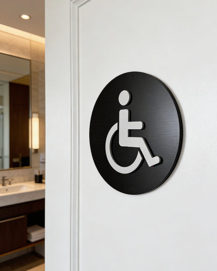 Modern handicap restroom sign by ALUMADESIGNCO featuring wheelchair symbol, elegant bathroom signage for hotels, cafés, offices, and public interiors