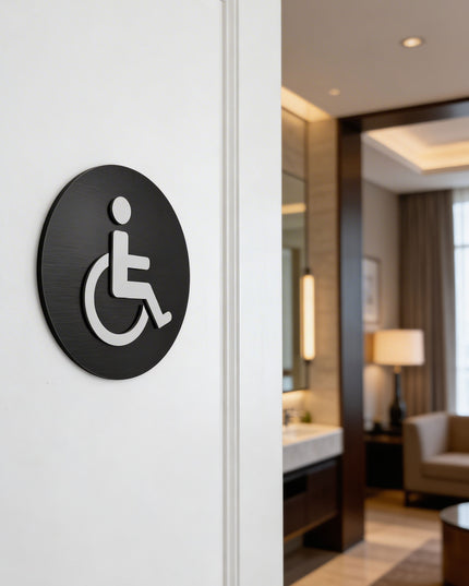 ALUMADESIGNCO handicap toilet sign for doors, premium accessible restroom wayfinding signage for offices, hotels, apartments, and commercial spaces