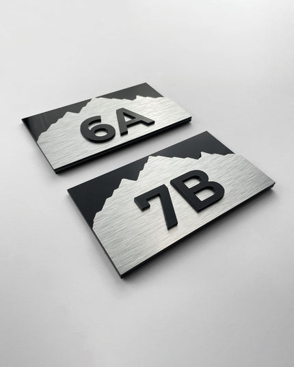 Premium Alpine 3D layered room number sign by ALUMADESIGNCO featuring raised numbers, elegant door signage for hotel rooms and contemporary interiors