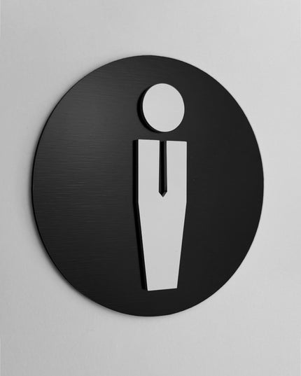 ALUMADESIGNCO round male bathroom sign with modern pictogram, premium restroom door signage for offices, hotels, cafés, and commercial interiors