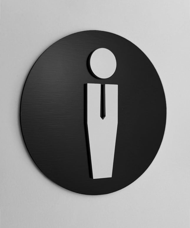 ALUMADESIGNCO round male bathroom sign with modern pictogram, premium restroom door signage for offices, hotels, cafés, and commercial interiors