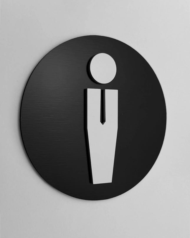 ALUMADESIGNCO round male bathroom sign with modern pictogram, premium restroom door signage for offices, hotels, cafés, and commercial interiors