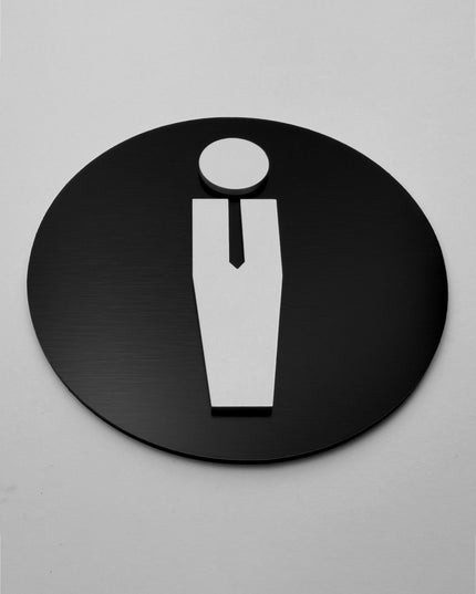 Round male bathroom sign by ALUMADESIGNCO, stylish toilet door plaque for hotels, offices, restaurants, and public interior spaces