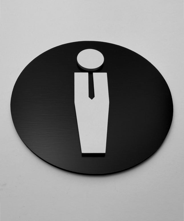 Round male bathroom sign by ALUMADESIGNCO, stylish toilet door plaque for hotels, offices, restaurants, and public interior spaces