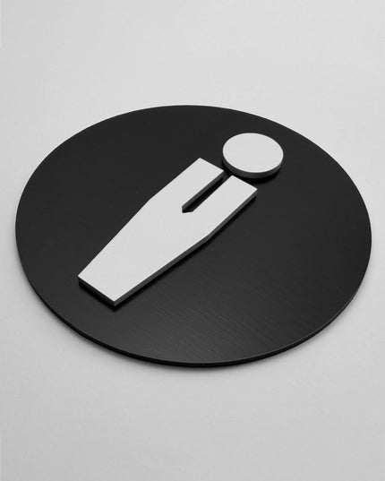 ALUMADESIGNCO round men’s restroom door sign with minimalist design, premium bathroom signage for offices, hospitality spaces, and commercial buildings