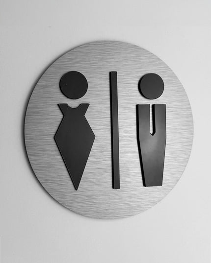 ALUMADESIGNCO male and female bathroom door sign with minimalist modern style, restroom signage for offices, hotels, cafés, and contemporary interiors