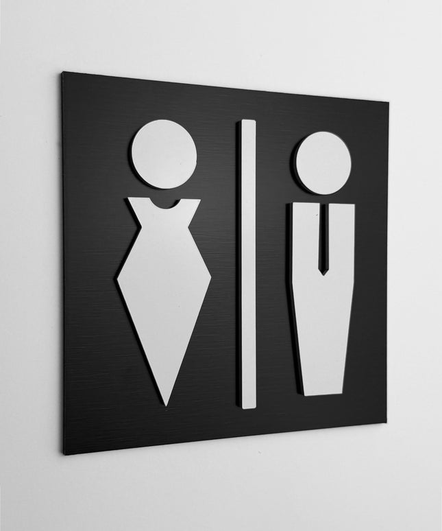 ALUMADESIGNCO men and women bathroom sign with modern restroom pictograms, premium toilet door signage for offices, hotels, cafés, and commercial interiors