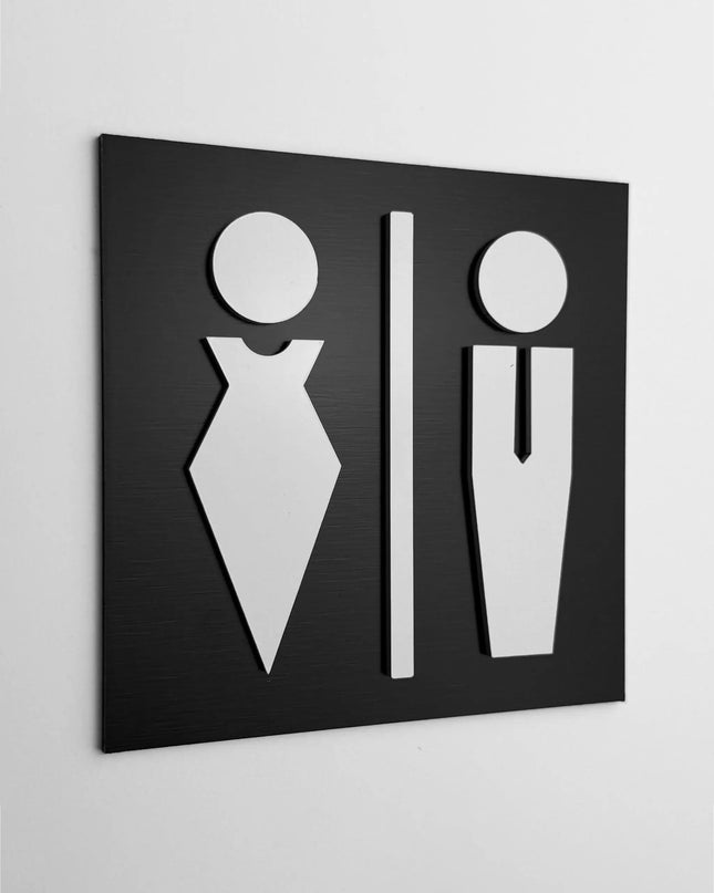 ALUMADESIGNCO men and women bathroom sign with modern restroom pictograms, premium toilet door signage for offices, hotels, cafés, and commercial interiors