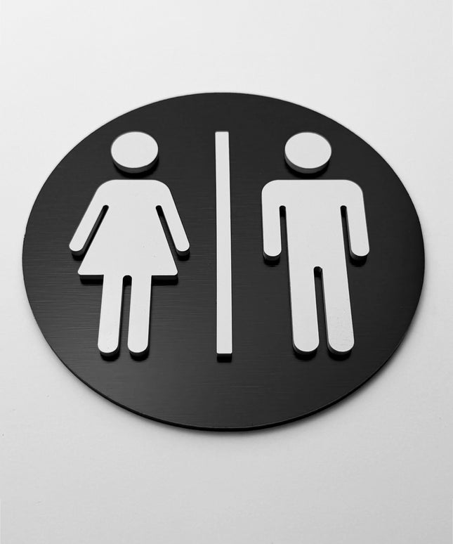 ALUMADESIGNCO round male and female bathroom door sign with minimalist modern style, restroom signage for offices, hotels, cafés, and contemporary interiors