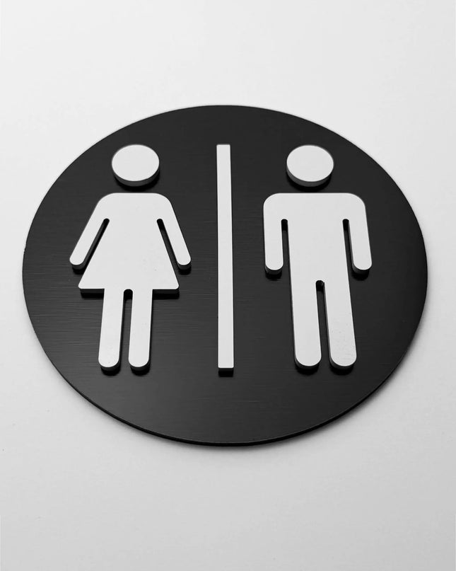 ALUMADESIGNCO round male and female bathroom door sign with minimalist modern style, restroom signage for offices, hotels, cafés, and contemporary interiors