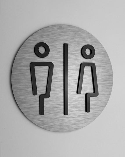 ALUMADESIGNCO male and female bathroom door sign with minimalist modern style, restroom signage for offices, hotels, cafés, and contemporary interiors