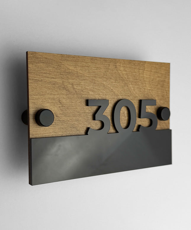 Classic wooden standoff apartment door number sign Horizon Design by ALUMADESIGNCO featuring natural birch wood base and raised glossy black acrylic numbers for modern residential interiors