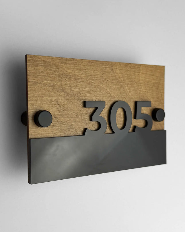 Classic wooden standoff apartment door number sign Horizon Design by ALUMADESIGNCO featuring natural birch wood base and raised glossy black acrylic numbers for modern residential interiors