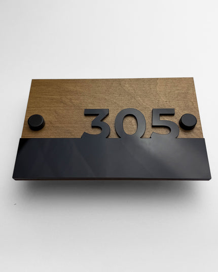ALUMADESIGNCO Horizon wooden apartment wall number sign with standoff mounting and 3D glossy black acrylic numbers, modern door signage for apartments, offices, and hotels