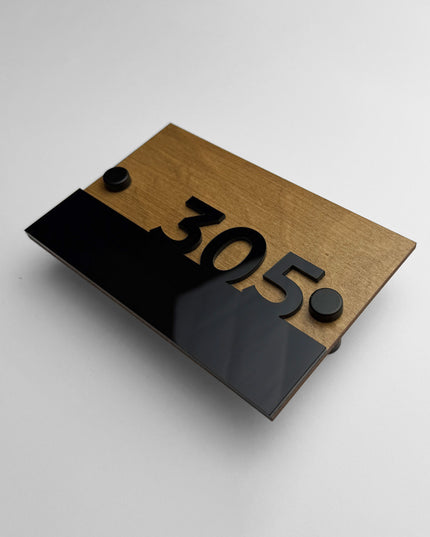 Premium Horizon wooden standoff wall number sign by ALUMADESIGNCO with natural birch wood and 3D glossy black acrylic numbers for apartment doors and hotel corridors
