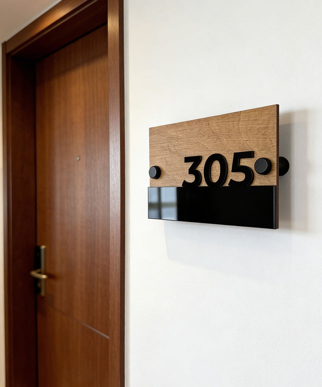 ALUMADESIGNCO Horizon Design classic standoff wooden apartment door number sign with 3D glossy black acrylic numbers, modern wall plaque for apartments, hotels, and Airbnb interiors
