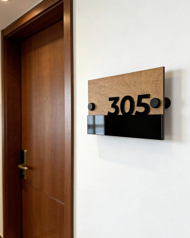 ALUMADESIGNCO Horizon Design classic standoff wooden apartment door number sign with 3D glossy black acrylic numbers, modern wall plaque for apartments, hotels, and Airbnb interiors