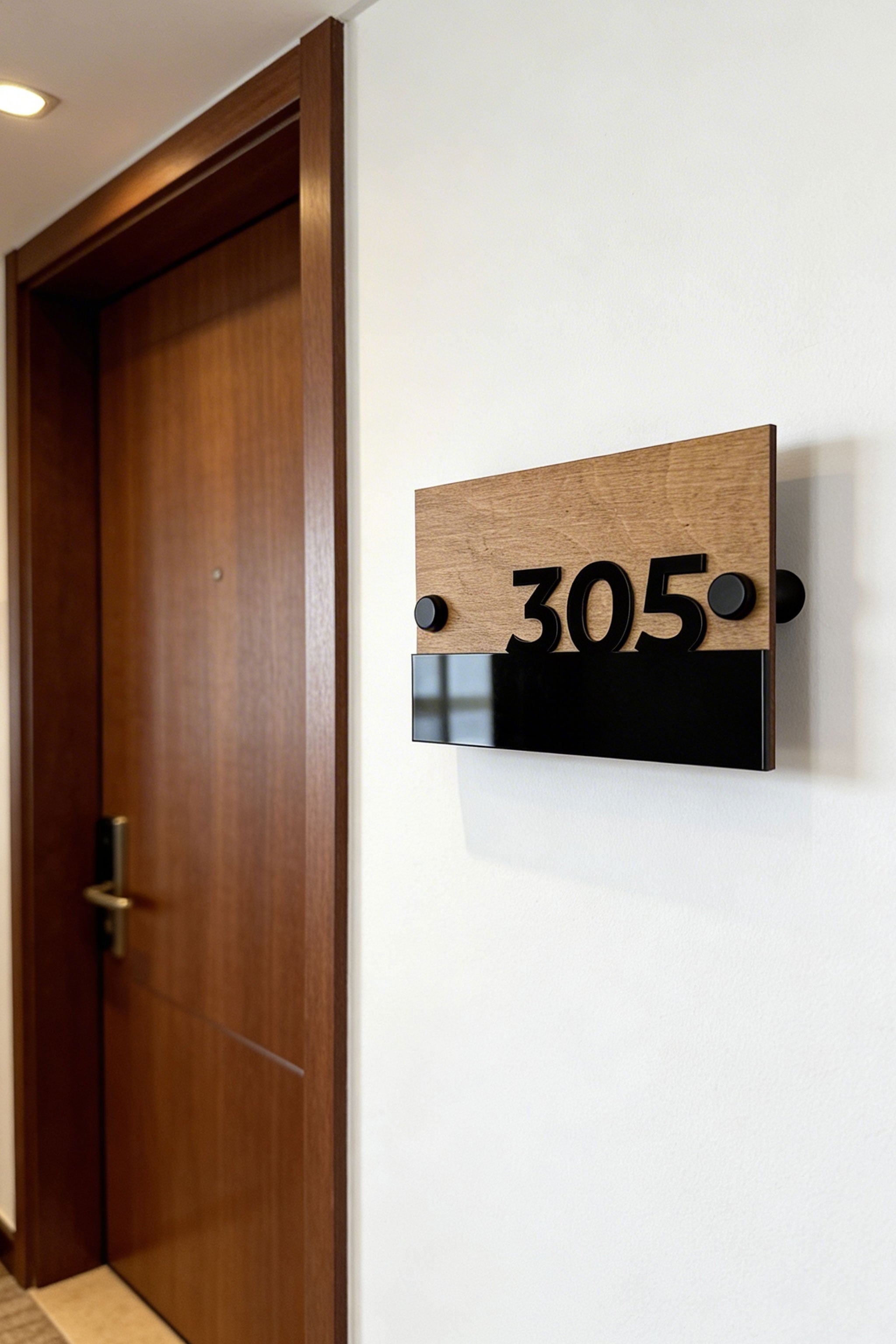 ALUMADESIGNCO Horizon Design classic standoff wooden apartment door number sign with 3D glossy black acrylic numbers, modern wall plaque for apartments, hotels, and Airbnb interiors