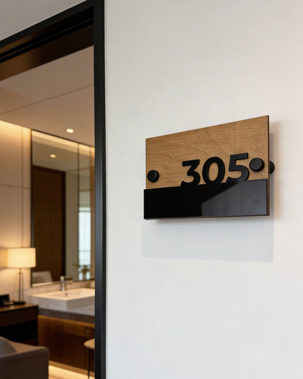Modern Horizon Design wooden door number plaque by ALUMADESIGNCO with natural wood panel and raised glossy black acrylic numbers, stylish apartment and hotel room signage