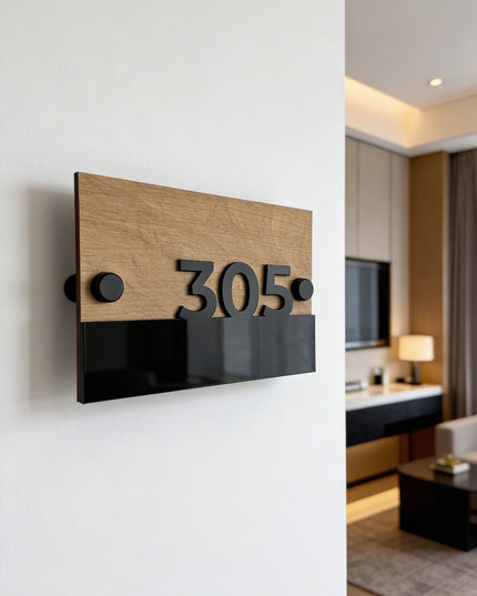 ALUMADESIGNCO Horizon classic wooden apartment door number sign with standoff hardware and glossy black acrylic characters, premium wall signage for contemporary interiors