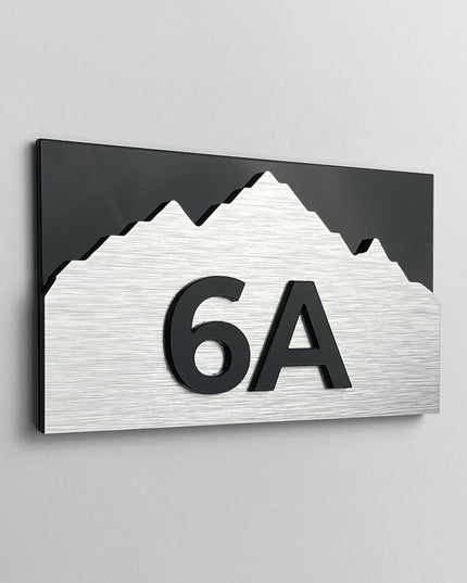 3D layered room number sign Alpine Design by ALUMADESIGNCO featuring wood and acrylic layers, modern door plaque for hotel rooms and apartment interiors