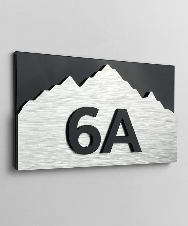 3D layered room number sign Alpine Design by ALUMADESIGNCO featuring wood and acrylic layers, modern door plaque for hotel rooms and apartment interiors