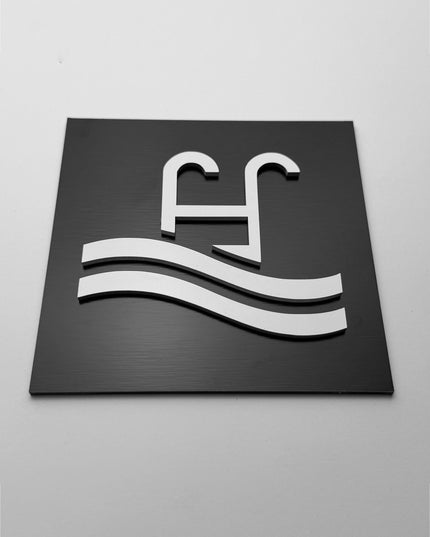 Swimming pool sign by ALUMADESIGNCO, stylish poolside door plaque for hotels, wellness areas, resorts, and modern leisure spaces