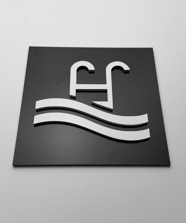 Swimming pool sign by ALUMADESIGNCO, stylish poolside door plaque for hotels, wellness areas, resorts, and modern leisure spaces