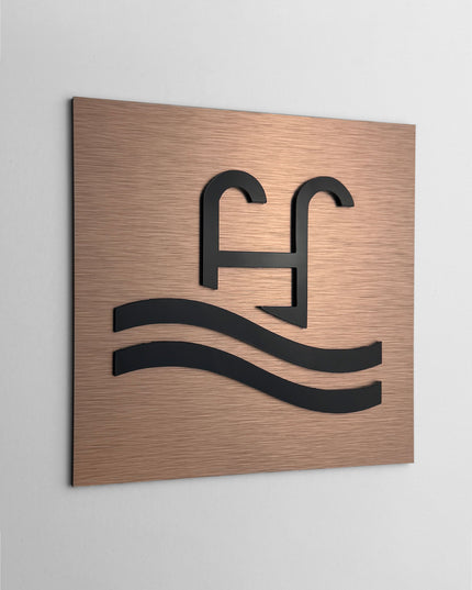 ALUMADESIGNCO swimming pool door sign for leisure spaces, premium wayfinding signage for hotels, apartments, spas, and commercial facilities