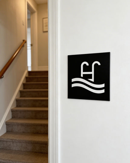 Premium swimming pool plaque by ALUMADESIGNCO, modern pool area sign for hospitality interiors, wellness centers, resorts, and apartment buildings