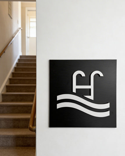 ALUMADESIGNCO swimming pool sign with minimalist modern style, poolside signage for hotels, resorts, apartments, spas, and contemporary interiors