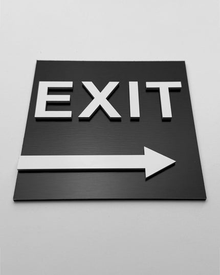 Exit right only sign by ALUMADESIGNCO, stylish directional plaque for corridors, offices, hotels, and public interior spaces