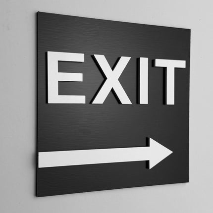 ALUMADESIGNCO exit right only sign with modern directional design, premium wayfinding signage for offices, hotels, apartments, and commercial interiors