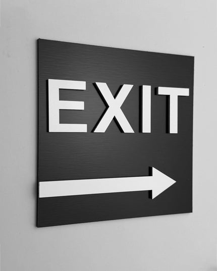 ALUMADESIGNCO exit right only sign with modern directional design, premium wayfinding signage for offices, hotels, apartments, and commercial interiors