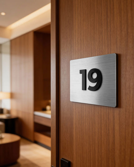 Modern brushed silver room number sign by ALUMADESIGNCO combining metal panel and acrylic numbers, stylish door signage for hotels and apartments