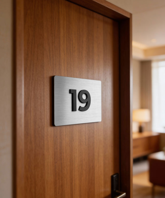 ALUMADESIGNCO brushed silver and acrylic room number sign for doors with raised numbers, modern door signage for hotels, apartments, Airbnb properties, and offices