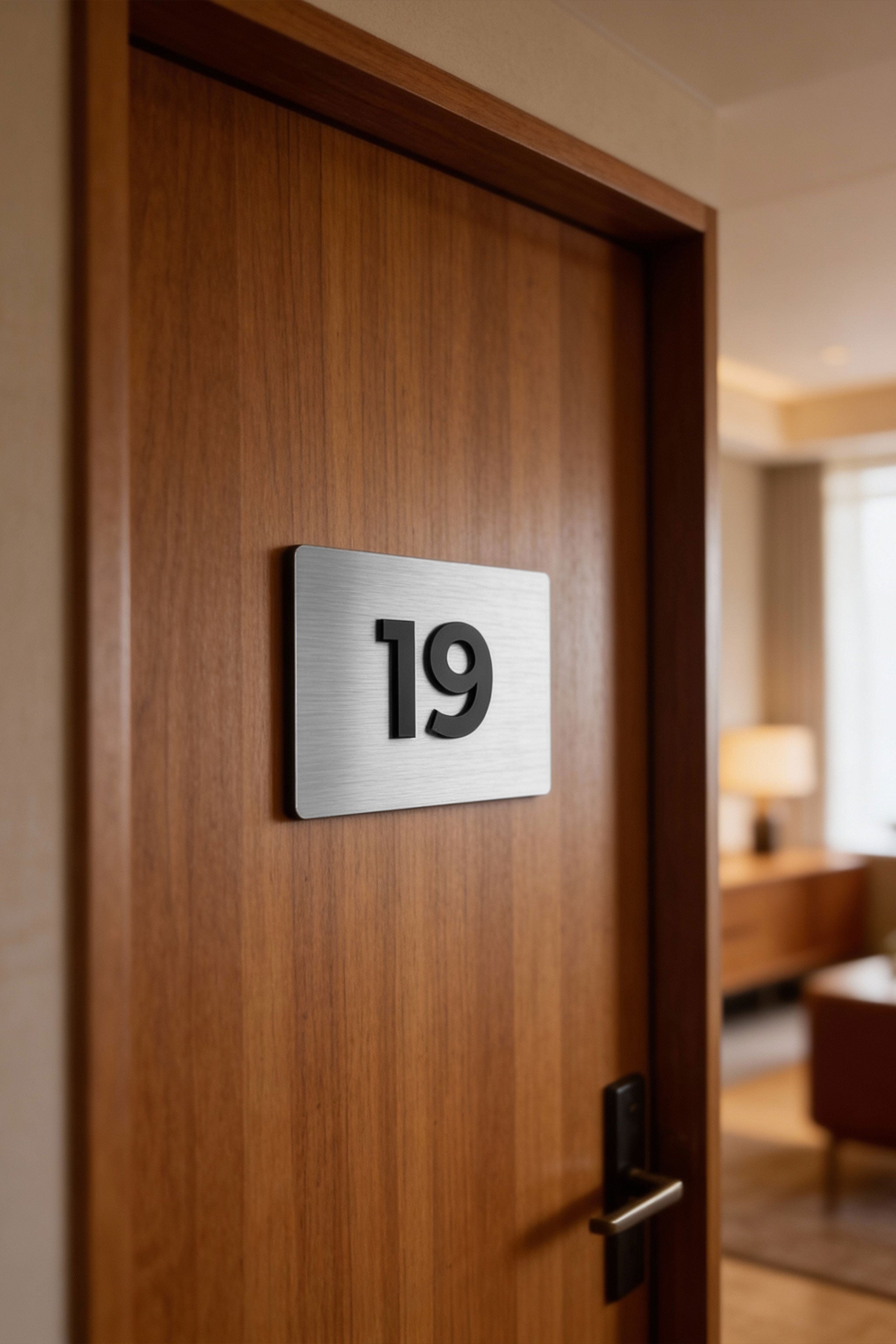 ALUMADESIGNCO brushed silver and acrylic room number sign for doors with raised numbers, modern door signage for hotels, apartments, Airbnb properties, and offices
