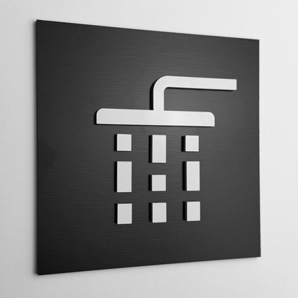 ALUMADESIGNCO shower door sign with minimalist design, premium bathroom signage for spas, gyms, hotels, and commercial buildings