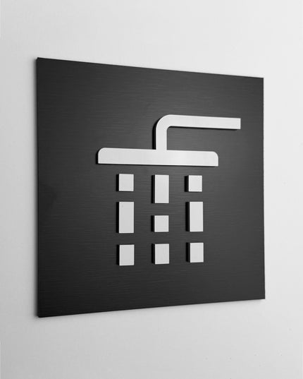 ALUMADESIGNCO shower door sign with minimalist design, premium bathroom signage for spas, gyms, hotels, and commercial buildings