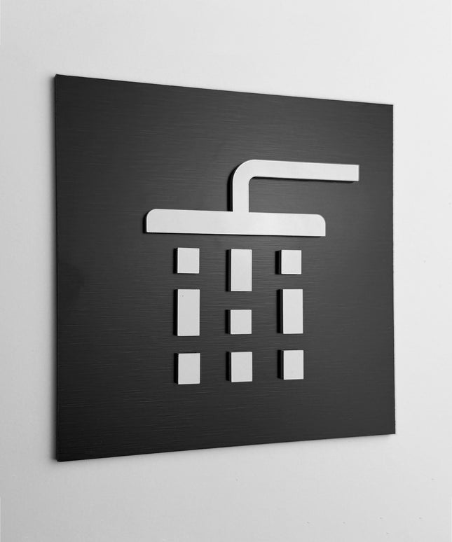 ALUMADESIGNCO shower door sign with minimalist design, premium bathroom signage for spas, gyms, hotels, and commercial buildings