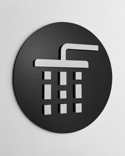 ALUMADESIGNCO shower door sign with minimalist design, premium bathroom signage for spas, gyms, hotels, and commercial buildings